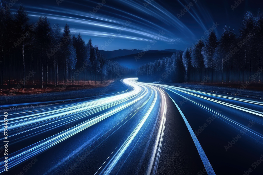 Speed light trails path through city and motion effect, high speed light,. Generative Ai