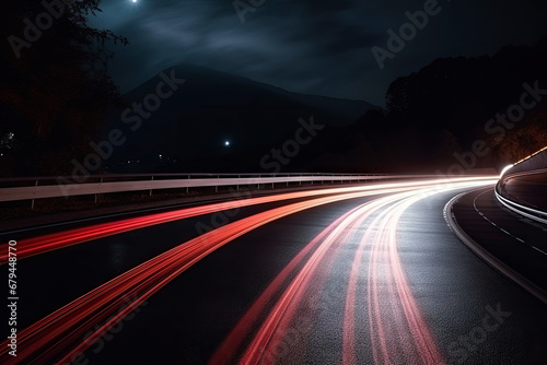 Speed light trails path through city and motion effect, high speed light,. Generative Ai