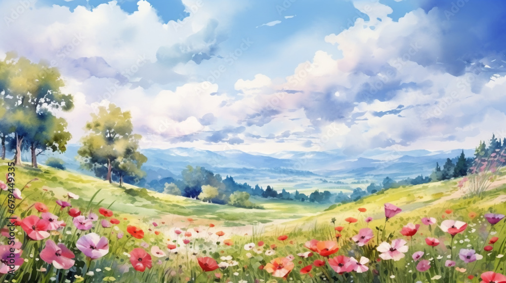 晴天の春の丘陵地帯　美しい花々の水彩イラスト