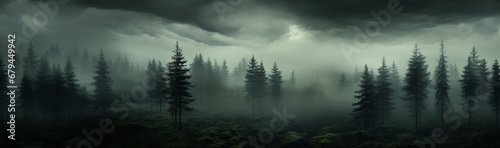 深い霧の中の森の風景 暗い雨上がりの様子