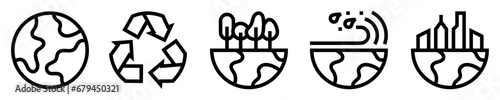 Conjunto de iconos de planeta tierra. Naturaleza, medio ambiente y ecosistema. Mundo, árboles, reciclaje, mar, ciudad. Ilustración vectorial