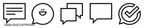 Conjunto de iconos de burbujas de mensaje. Globos de comunicación. Chat de texto, con emoticon, en grupo, globo vacío, mensaje aprobado. Ilustración vectorial