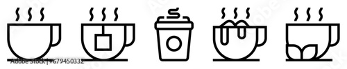 Conjunto de iconos de bebidas caliente. Cafetería. Taza de café, té, chocolate caliente, cappuccino, infusión. Ilustración vectorial