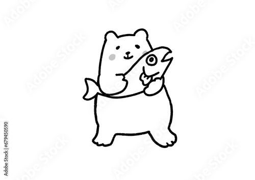 鮭を嬉しそうに抱くクマのかわいい手描きモノクロイラスト