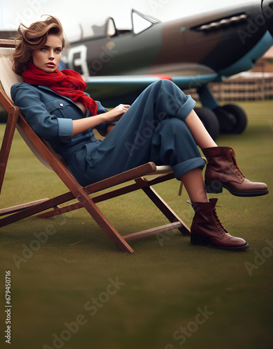 Glamorous woman dressed in World War 2 British Royal Air Force (RAF) uniform, with windswept hair and red scarf sitting on a wooden deck chair on a grass airstrip with a Spitfire fighter aircraft 