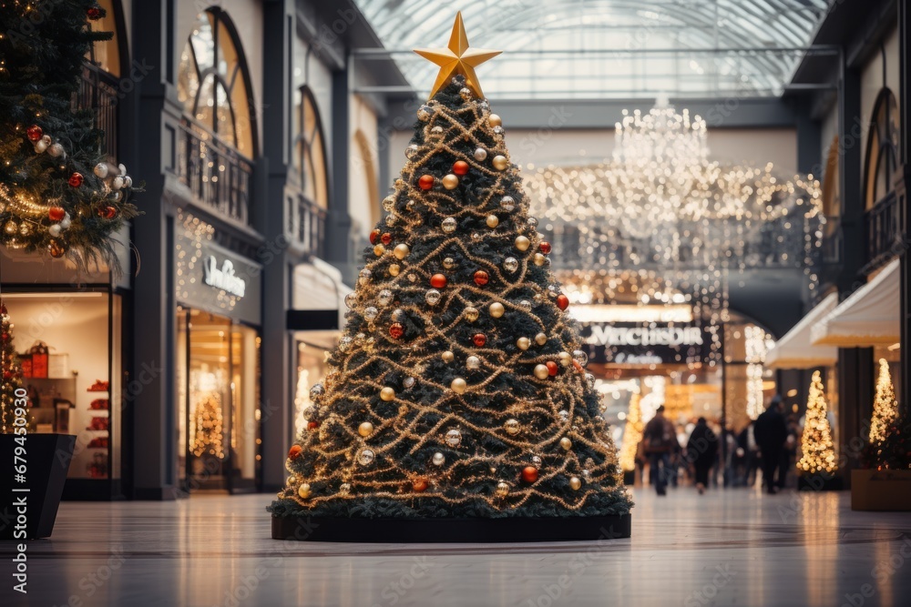 A giant Christmas tree in the middle of a shopping mall . Generative AI. - obrazy, fototapety, plakaty 