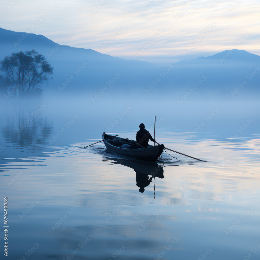 Naklejka premium An isolated fisherman sails through a misty blue 