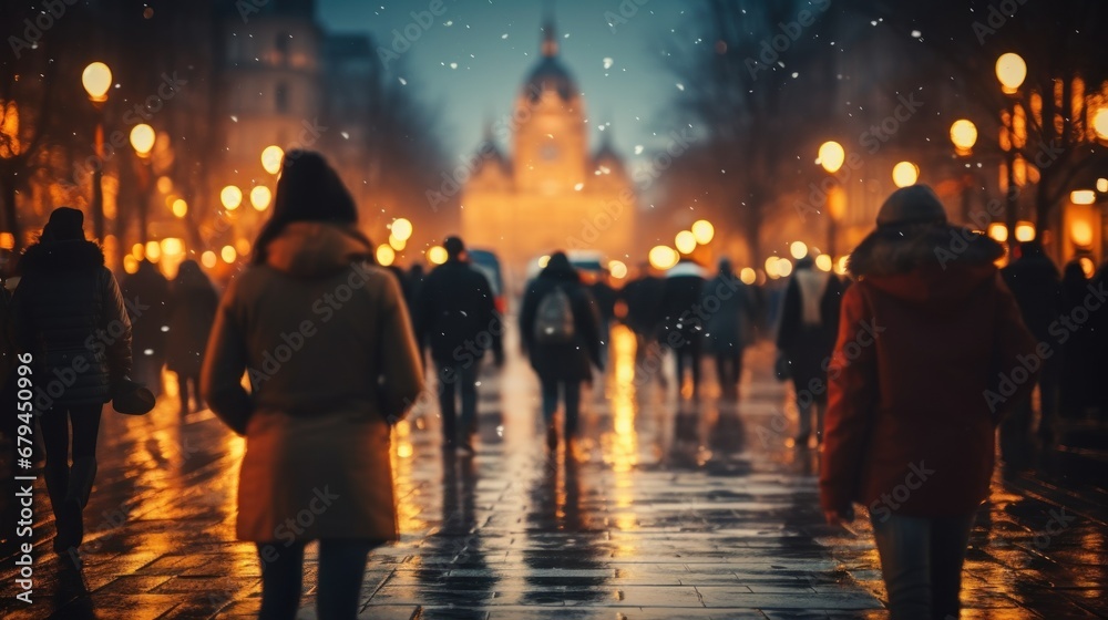 People walking in the city street with bokeh Christmas night. Generative AI. People walking in the city street with bokeh Christmas night. Generative AI.