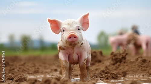 泥遊びをするかわいい豚