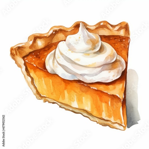 Simple Watercolor-Style Illustration of Piece of Pumpkin Pie with Dollop of Whipped Cream 