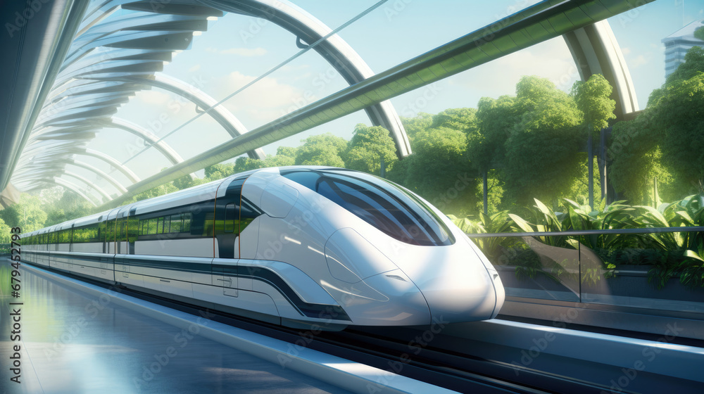 A high-speed maglev train in a sleek,  eco-friendly station
