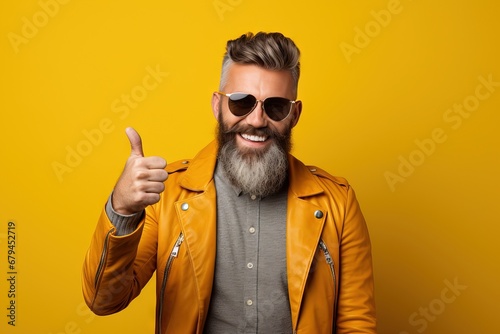 Stylish bearded young male trendy haircut makes okay gesture with both Generative AI photo
