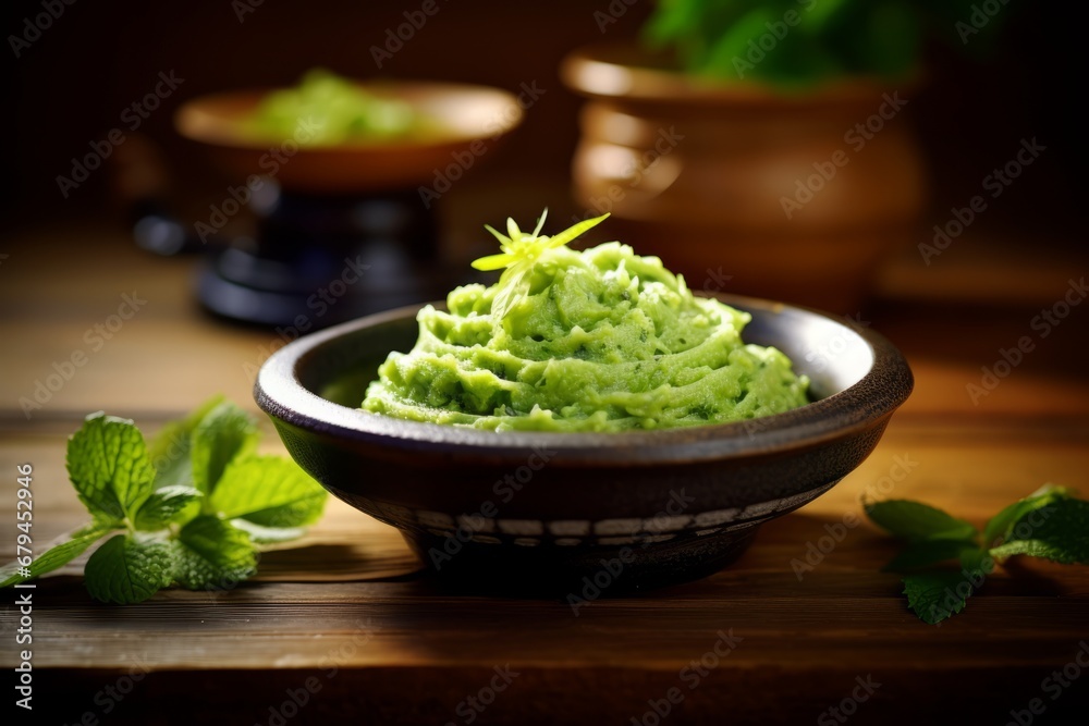 A vibrant close-up of freshly grated wasabi, nestled on a traditional ceramic dish against a backdrop of rustic bamboo and soft natural light A vibrant close-up of freshly grated wasabi, nestled on a traditional ceramic dish against a backdrop of rustic bamboo and soft natural light