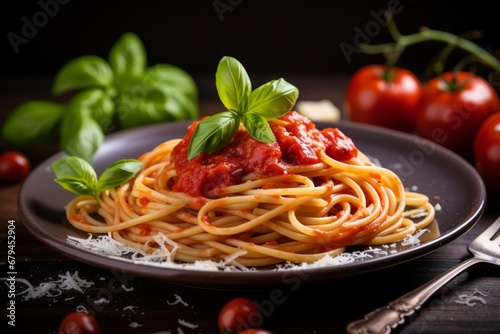 A delightful plate of spaghetti pasta with rich tomato sauce, sprinkled with parmesan cheese, garnished with fresh basil leaves, served on a rustic wooden table