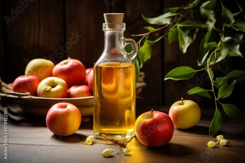 A rustic, vintage bottle of organic apple cider vinegar, beautifully illuminated by the soft morning light, standing on a wooden kitchen table with fresh apples scattered around