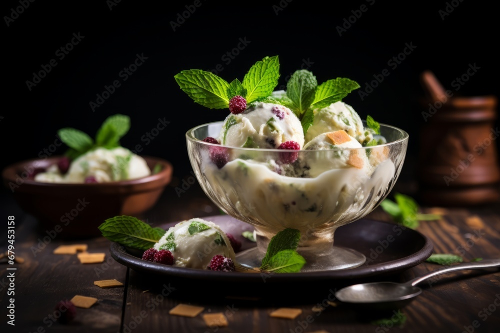 A Delicious Scoop of Booza, Traditional Stretchy Middle Eastern Ice Cream, Served in a Glass Bowl with Fresh Fruits and Mint Leaves on a Rustic Wooden Table