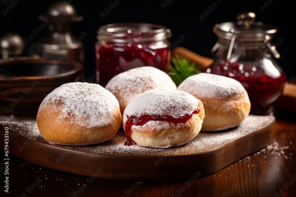 A Traditional Polish Celebration: A Platter of Freshly Baked Paczki, Covered in Powdered Sugar and Filled with Sweet Rose Jam, Ready for Fat Thursday Feast A Traditional Polish Celebration: A Platter of Freshly Baked Paczki, Covered in Powdered Sugar and Filled with Sweet Rose Jam, Ready for Fat Thursday Feast