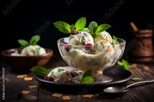 A Delicious Scoop of Booza, Traditional Stretchy Middle Eastern Ice Cream, Served in a Glass Bowl with Fresh Fruits and Mint Leaves on a Rustic Wooden Table