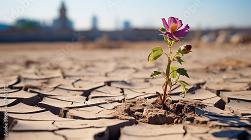 Plant on cracked soil, global warming and climate change concept.
