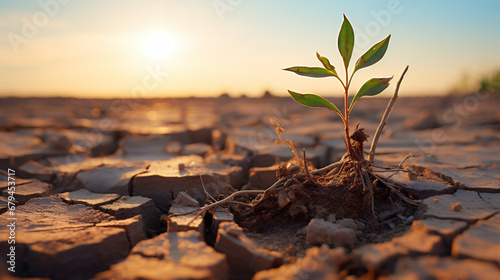 Plant on cracked soil, global warming and climate change concept.