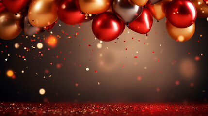 Celebration party banner background with red, gold balloons, carnival, festival or birthday balloon red background, red celebration background template