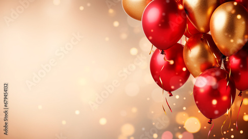 Celebration party banner background with red, gold balloons, carnival, festival or birthday balloon red background, red celebration background template photo