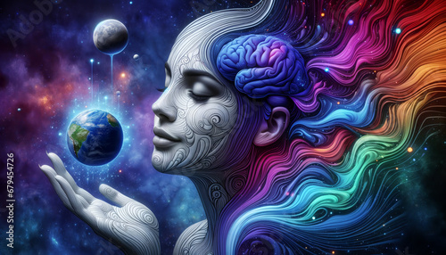 Spiritual state of mind with closed eyes, holding planets and expressing universal oneness with colorful waves