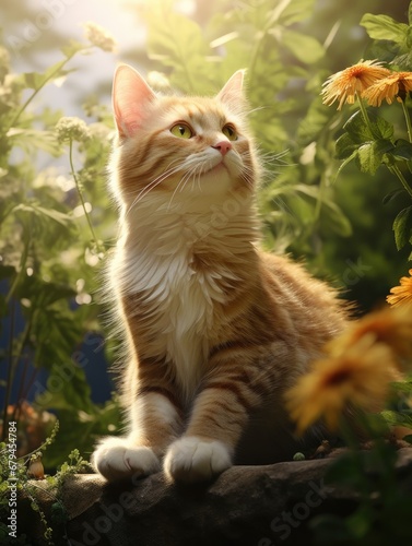 A cat sitting on a rock in a field of flowers. Generative AI.