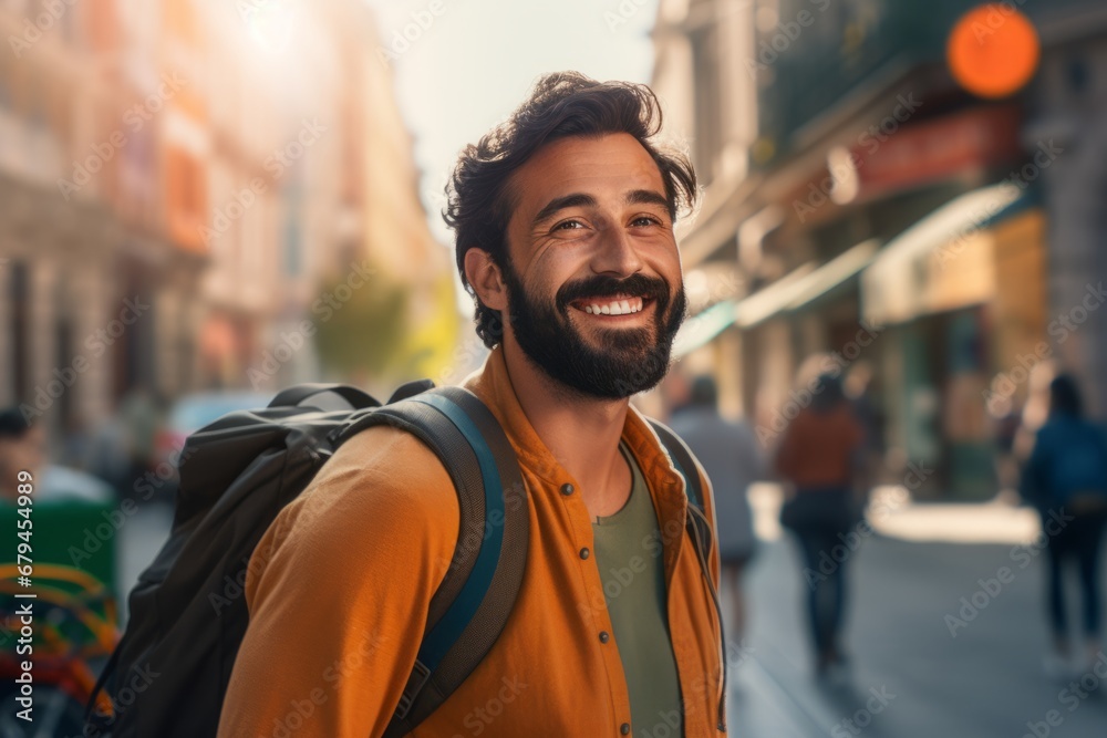 Happy tourist with backpack traveling in the street background.