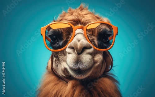 Close up portrait of a llama wearing sun glasses.