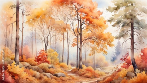 Generative AI. Watercolor of autumn forest landscape illustration.