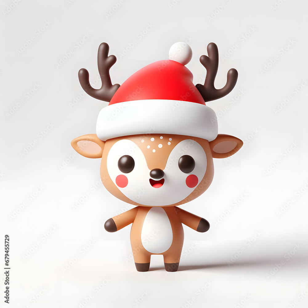 Joyful 3D Deer: Cute Character in Christmas Hat on Plain Background. Adorable Holiday Concept with a Happy and Festive Deer Illustration. Joyful 3D Deer: Cute Character in Christmas Hat on Plain Background. Adorable Holiday Concept with a Happy and Festive Deer Illustration.