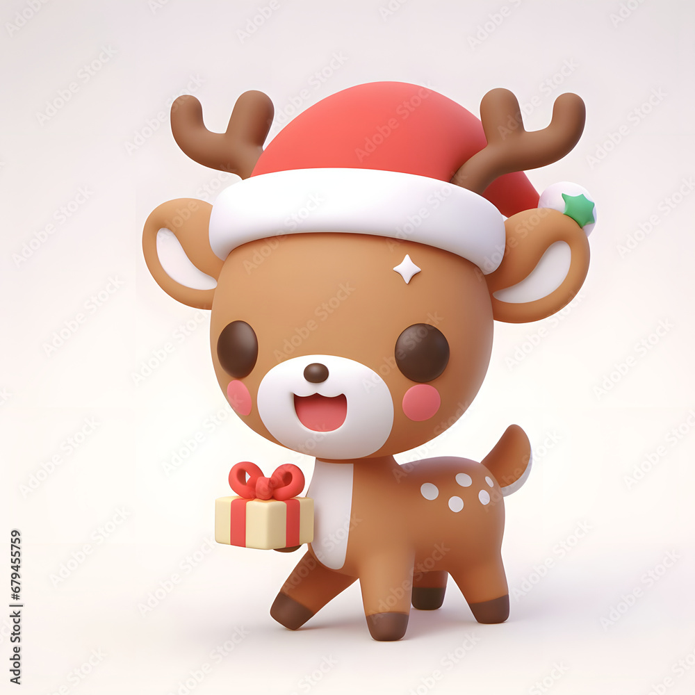 Joyful 3D Deer: Cute Character in Christmas Hat on Plain Background. Adorable Holiday Concept with a Happy and Festive Deer Illustration. Joyful 3D Deer: Cute Character in Christmas Hat on Plain Background. Adorable Holiday Concept with a Happy and Festive Deer Illustration.
