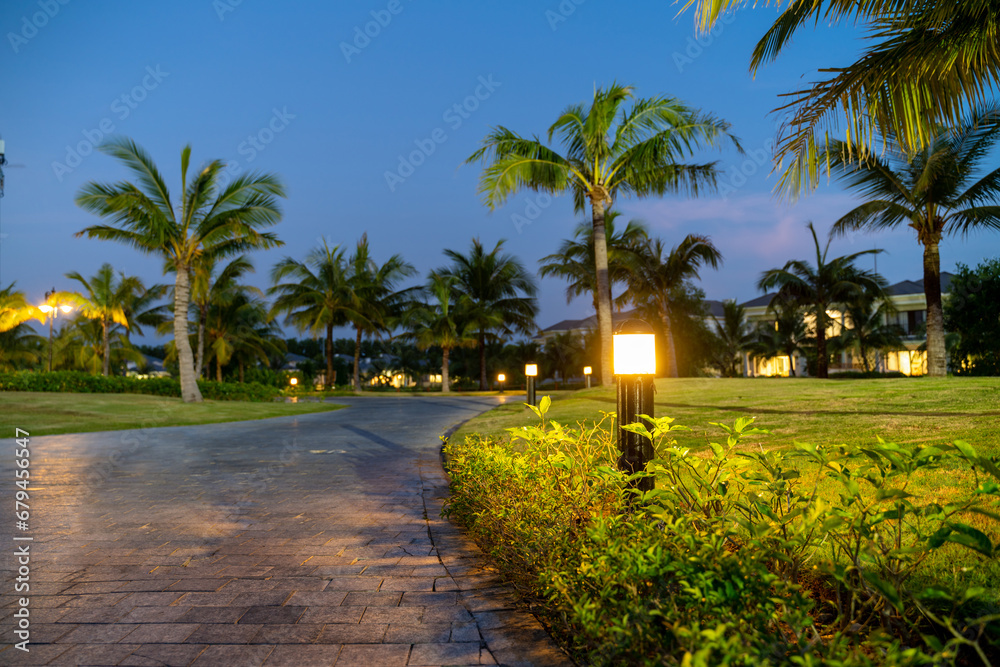 Illuminated light in resort park at night with palm trees on background