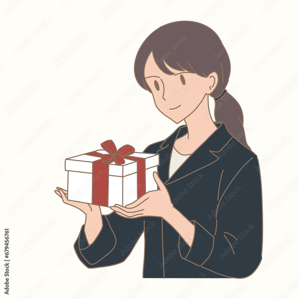 Young businesswoman wearing suit holding gift box with ribbon as a present in hands for corporate client or colleague. Hand drawn flat cartoon character vector illustration. Young businesswoman wearing suit holding gift box with ribbon as a present in hands for corporate client or colleague. Hand drawn flat cartoon character vector illustration.