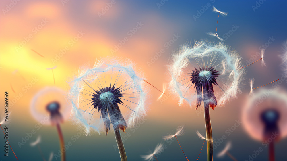 A group of dandelions blowing in the wind