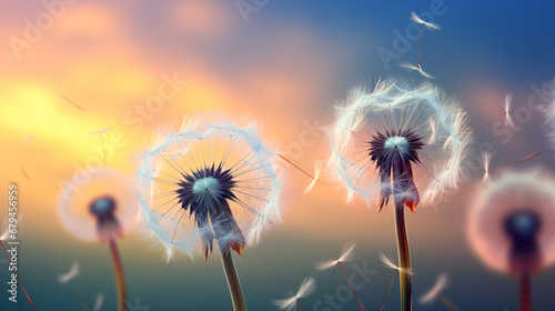A group of dandelions blowing in the wind