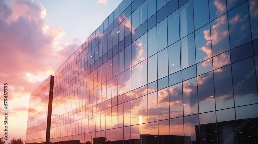 Modern office building or business center. High-rise window buildings made of glass reflect the clouds and the sunset. empty street outside  wall modernity civilization. growing up business - obrazy, fototapety, plakaty 