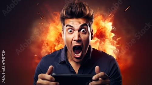 excited young man play games by mobile phone make winner gesture. male winning mobile gambling. Wow face expression. Esport streaming game online, surprise, gamer, online, earning, new generation