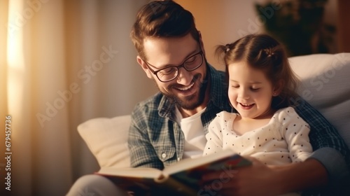 Happy father relax and read book with baby time together at home. parent sit on sofa with daughter and reading a story. learn development, childcare, laughing, education, storytelling, practice. photo