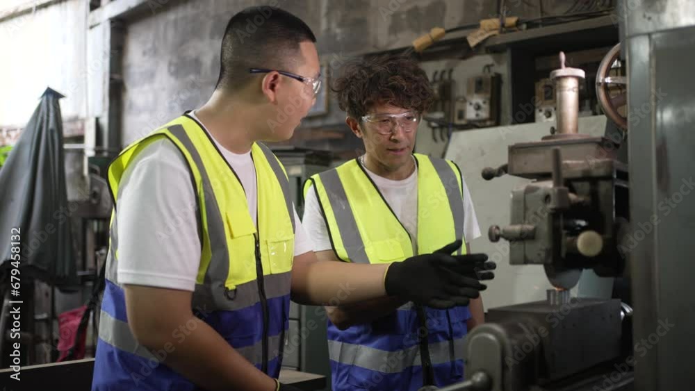 Trainee works at machine shop. Trainee works at machine shop.