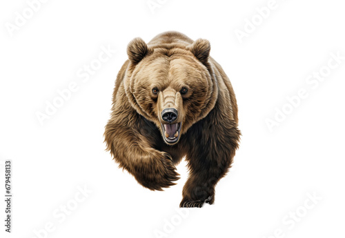 The bear is running. No shadows, highest details, sharpness throughout the image, highest resolution, lifelike, white background
