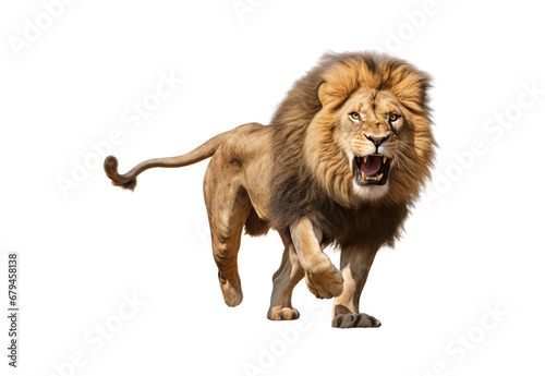 Lion running No shadows  highest details  sharpness throughout the image  highest resolution  lifelike  white background