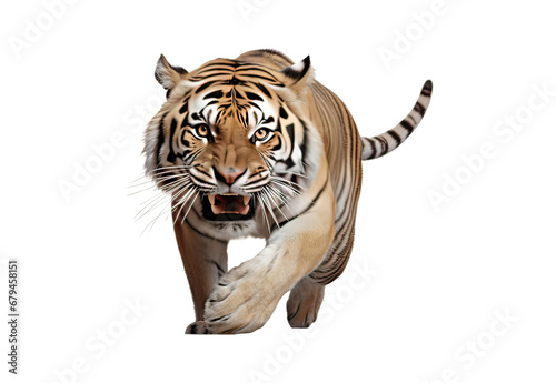 Tiger running No shadows, highest details, sharpness throughout the image, highest resolution, lifelike, white background 