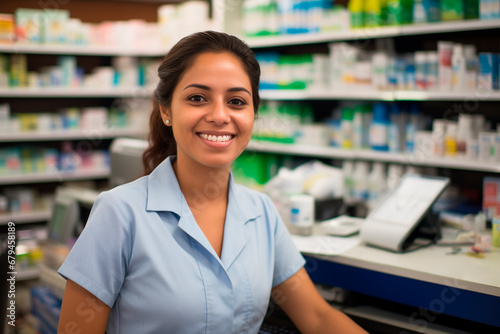 portait of a happy latin female pharmacist in a drugstore photo