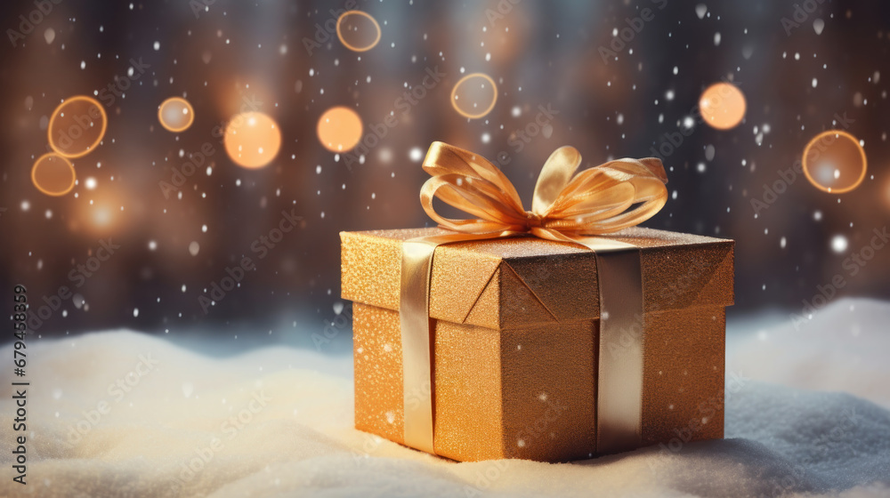 Merry Christmas gift boxes with ribbon on snow and golden light bokeh background concept design of ornaments and decorative. Happy Holidays festive for Ads, poster, banner, brochure. Generative AI Merry Christmas gift boxes with ribbon on snow and golden light bokeh background concept design of ornaments and decorative. Happy Holidays festive for Ads, poster, banner, brochure. Generative AI