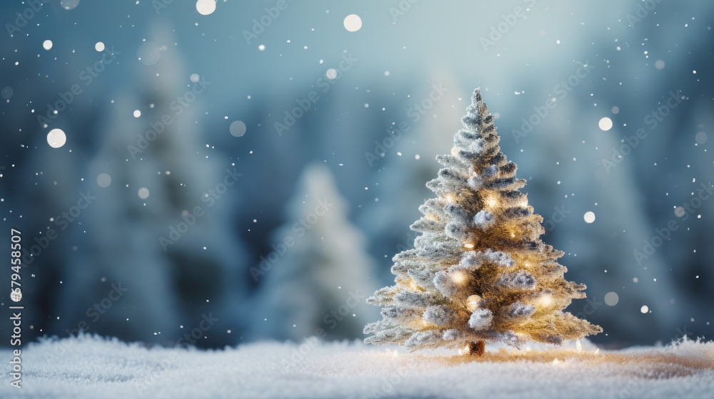 Merry christmas and happy new year holiday. Christmas Tree with Balls decorated in wonderful snowy winter landscape. Christmas greetings concept with snowfall. Generative AI