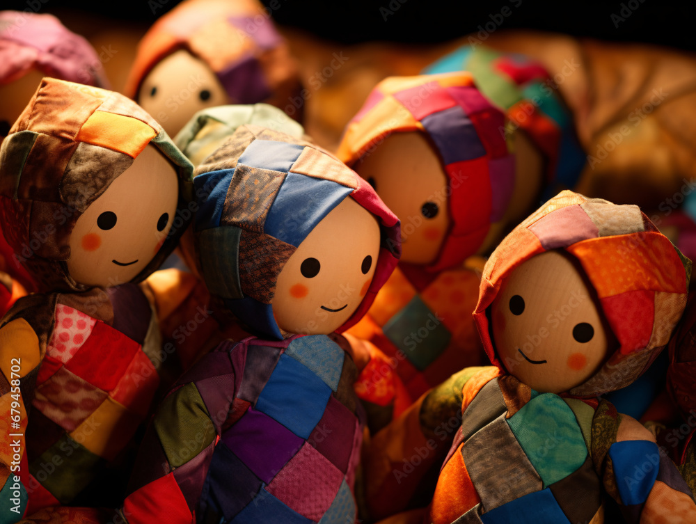 Patchwork dolls forming a quilt-like pattern, each holding a piece of fabric, illustrating the collaborative effort and unity in overcoming obstacles.