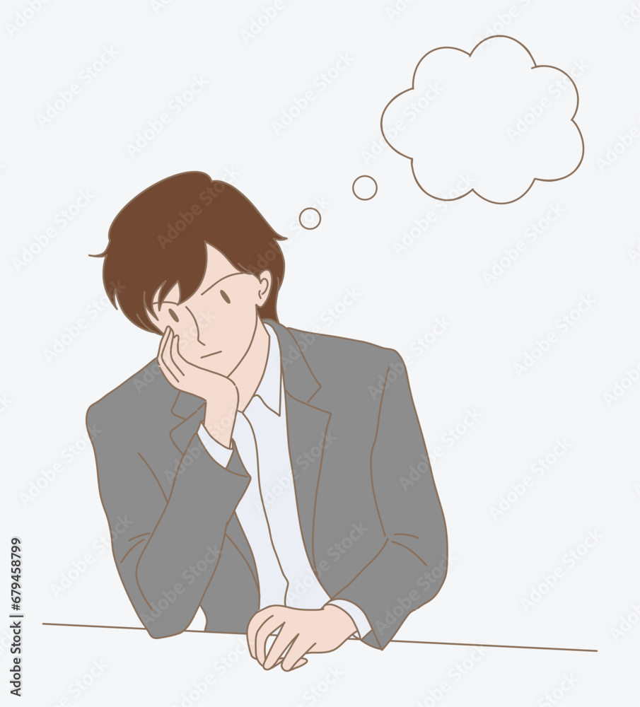 Businessman sitting in office, hand under chin, propping up, and thinking about new projects. Bubble behind. Hand drawn flat cartoon character vector illustration. Businessman sitting in office, hand under chin, propping up, and thinking about new projects. Bubble behind. Hand drawn flat cartoon character vector illustration.