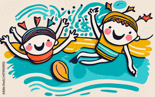 Splashy Crayon Children Swimming with Friends in Vibrant Full Color